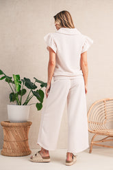Textured Ruffle Sleeve Zipped Top and Wide Leg Pants Set